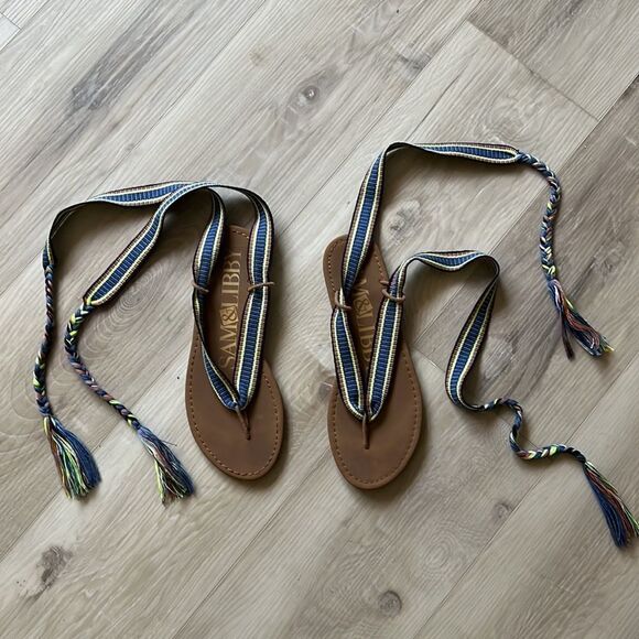 Sam & Libby Blue Blossom Gladiator Tie Up Thong Sandals Shoes Size 9 - Picture 2 of 6